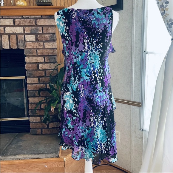 SL Fashions Purple Turquoise Floral Asymmetric Capelet mini Dress Chiffon Sz 6 - Picture 2 of 9
